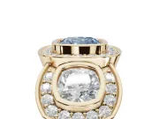 Cushion Cut Three Stone Halo Engagement Ring Setting for a Fancy Blue Lab-Grown Diamond | Bezel Set | Yellow Gold