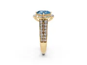Fancy Blue Princess Cut Diamond Halo Engagement Ring Set in Yellow gold with Split Shank and Prong Setting