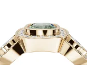 Cushion Cut Three Stone Halo Engagement Ring Setting for a Fancy Green Lab-Grown Diamond | Bezel Set | Yellow Gold
