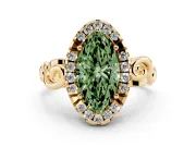Fancy Green Marquise Cut Diamond Halo Ring Set in Yellow gold with Scrollwork Band and Prong Setting