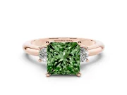 Fancy Green Three-Stone Princess Cut Diamond Ring Set in Rose gold with Prong Setting and Plain Band