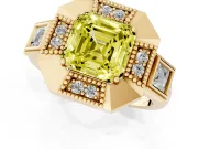 Fancy Yellow Asscher Cut Diamond Milgrain Halo Ring Set in Yellow gold with Split Shank