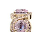 Radiant Cut Three Stone Halo Engagement Ring Setting for a Fancy Pink Lab-Grown Diamond | Pavé Wave Band | Yellow Gold