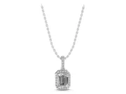 Emerald Cut Diamond Halo Pendant Set in White gold with Prong-Set Center