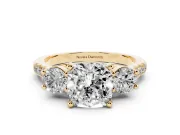 Cushion Cut Three-Stone Pavé Engagement Ring Setting | Round Side Stones | Yellow Gold