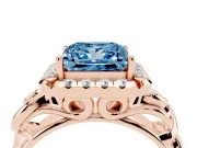 Fancy Blue Princess Cut Diamond Halo Ring Set in Rose gold with Scrollwork Band and Prong Setting