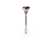 Fancy Black Round Cut Diamond Three-Stone Ring Set in Rose gold with Pavé Band and Graduated Sides