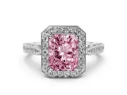 Radiant Cut Milgrain Halo Engagement Ring Setting for a Fancy Pink Lab-Grown Diamond | Side Stones | White Gold