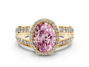 Fancy Pink Oval Cut Diamond Halo Ring Set in Yellow gold with Double Pavé Split Shank