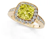 Fancy Yellow Cushion Cut Diamond Halo Pavé Engagement Ring Set in Yellow gold with Bezel Setting