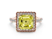 Fancy Yellow Asscher Cut Diamond Milgrain Floral Halo Engagement Ring Set in Rose gold with Pavé Band