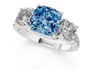 Cushion Cut Three Stone Engagement Ring Setting for a Fancy Blue Lab-Grown Diamond | Accented Shoulders | Platinum