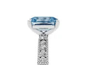 Fancy Blue Emerald Cut Diamond Solitaire Ring Set in Silver with Slim Pavé Band and Prong Setting