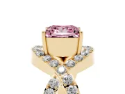 Fancy Pink Princess Cut Diamond Solitaire Twist Band Pavé Engagement Ring Set in Yellow gold