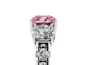 Fancy Pink Cushion Cut Diamond Three-Stone Ring Set in Platinum with Pavé Band
