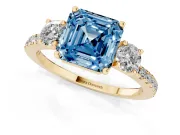 Asscher Cut Three Stone Engagement Ring Setting for a Fancy Blue Lab-Grown Diamond | Pave Shoulders | Yellow Gold
