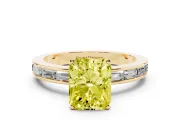 Fancy Yellow Radiant Cut Diamond Solitaire Ring Set in Yellow gold with Channel-Set Baguette Band and Prong Setting