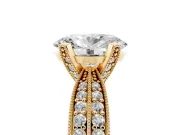 Oval Cut Diamond Solitaire Ring Set in Yellow gold with Milgrain Double Row Round Pavé Band