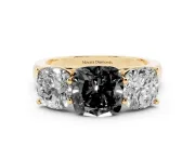 Cushion Cut Three Stone Engagement Ring Setting for a Black Center | Basket Prong Heads | Yellow Gold