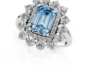 Emerald Cut Floral Double Halo Engagement Ring Setting for a Fancy Blue Lab-Grown Diamond | Plain Band | Sterling Silver