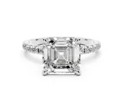 Asscher Cut Diamond Brilliant Solitaire Ring Set in Silver with Pavé Band and Prong Setting