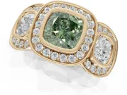 Cushion Cut Three Stone Halo Engagement Ring Setting for a Fancy Green Lab-Grown Diamond | Bezel Set | Yellow Gold