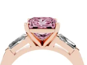 Fancy Pink Princess Cut Diamond Solitaire Ring Set in Rose gold with Tapered Baguette Side Stones and Prong Setting