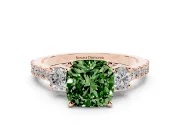 Fancy Green Three-Stone Cushion Cut Diamond Pavé Band Ring Set in Rose gold with Prong Setting