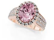 Fancy Pink Oval Cut Diamond Halo Ring Set in Rose gold with Pavé Band and Raised Center Setting