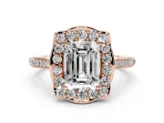 Emerald Cut Petal Tip Halo Engagement Ring Setting | Single Row Pavé Band | Rose Gold