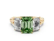 Fancy Green Emerald Cut Diamond Three-Stone Ring Set in Yellow gold with Braided Band
