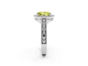 Fancy Yellow Oval Cut Diamond Halo Ring Set in White gold with Round Accent Halo, Pavé Band and Prong Setting