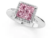 Fancy Pink Princess Cut Diamond Halo Engagement Ring Set in White gold with Plain Split Shank and Prong Setting