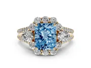 Radiant Cut Scalloped Halo Engagement Ring Setting for a Fancy Blue Lab-Grown Diamond | Pear Side Stones | Yellow Gold