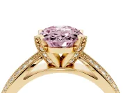 Fancy Pink Oval Cut Diamond Solitaire Ring Set in Yellow gold with Milgrain Double Row Round Pavé Band