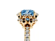 Fancy Blue Cushion Cut Diamond Halo Pavé Band Ring Set in Yellow gold with Prong-Held Center