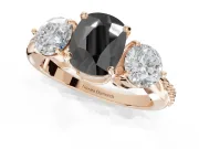 Fancy Black Cushion Cut Lab-Grown Diamond Three-Stone Ring Set in Rose Gold with Channel-Set Band and Prong Setting