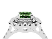 Fancy Green Emerald Cut Diamond Double Halo Statement Ring Set in White gold with Pavé Band