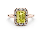 Fancy Yellow Emerald Cut Halo Round Diamond Solitaire Ring Set in Rose gold with Pavé Band and Prong Setting