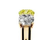Cushion Cut Three Stone Engagement Ring Setting for a Fancy Yellow Lab-Grown Diamond | Basket Prong Heads | Yellow Gold
