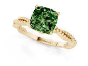 Fancy Green Cushion Cut Diamond Solitaire Ring Set in Yellow gold with Twisted Band and Bead Prong Setting