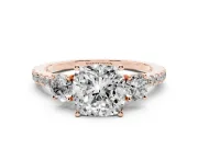 Cushion Cut Three Stone Engagement Ring Setting | Pave Shoulders | Rose Gold