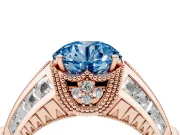 Fancy Blue Round Cut Diamond Vintage-Inspired Milgrain Ring Set in Rose gold with Accent Split Shank