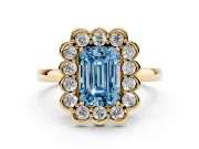 Emerald Cut Scalloped Cluster Halo Engagement Ring Setting for a Fancy Blue Lab-Grown Diamond | Plain Band | Yellow Gold