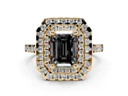 Fancy Black Emerald Cut Diamond Double Halo Statement Ring Set in Yellow gold with Pavé Band