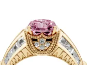Fancy Pink Radiant Cut Diamond Vintage-Inspired Milgrain Ring Set in Yellow gold with Accent Split Shank
