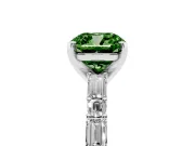 Fancy Green Cushion Cut Diamond Solitaire Set in Platinum with Side Baguettes and Channel Set Band