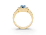 Fancy Blue Oval Cut Diamond Scalloped Halo Ring Set in Yellow gold with Pavé Split Shank