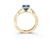 Fancy Blue Asscher Cut Diamond Floral Vine Solitaire Engagement Ring Set in Yellow gold with Marquise Leaves