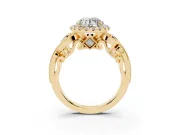 Round Cut Diamond Halo Ring Set in Yellow gold with Milgrain Pavé Band and Prong Setting
